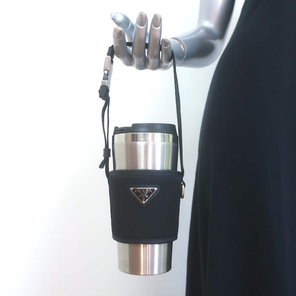 Prada Re-Nylon & Stainless Steel Travel Mug Set Black/Silver 450ml NEW